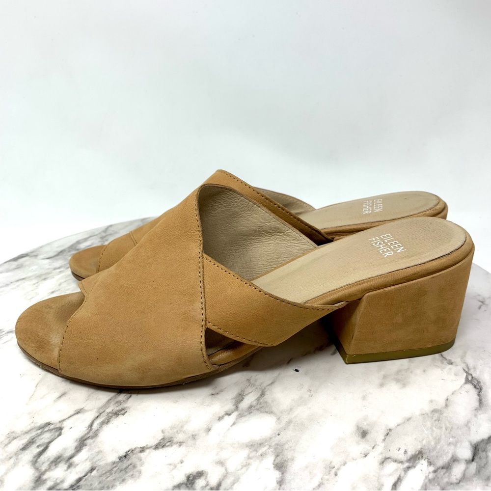 Eileen Fisher Haven Sand Nubuck Open Toe Block Heel Sandal Slides 8 Neutral Chic - Picture 3 of 15